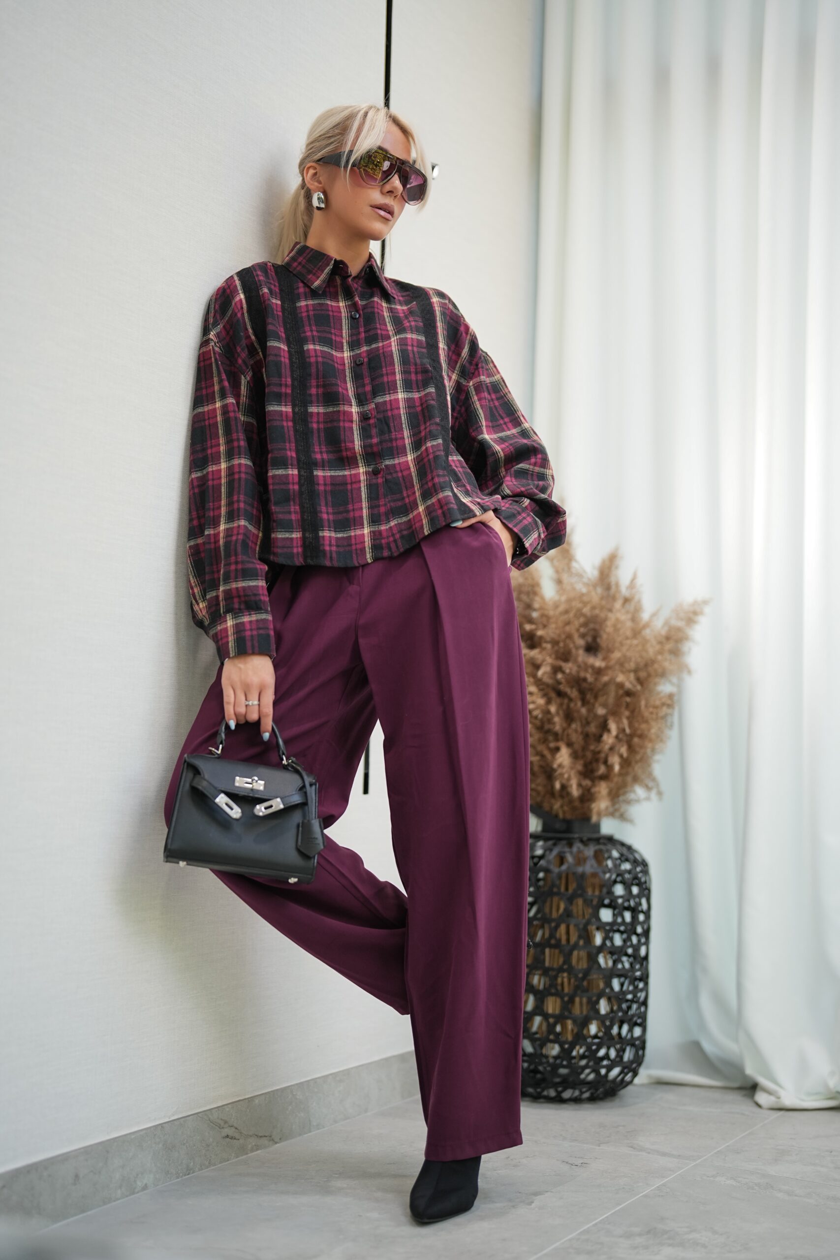 Krótka Koszula w Kratę Varsity 68 Burgundowa